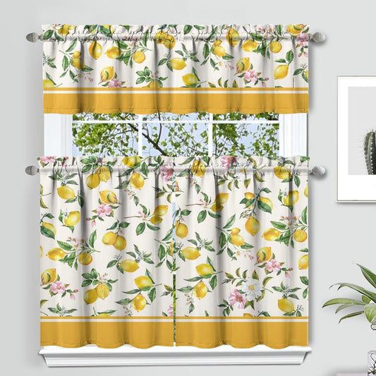 Lemon Kitchen Curtain Valance 3 Piece Set,Lemon Floral Yellow Spring Summer Kitchen Decor for Home Interior Decor,Farmhouse Curtains and Valance Set Short Curtain Sink Window Decor 36 Inch