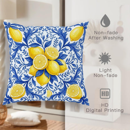 Lemon Throw Pillow Covers Set of 2, Mediterranean Traditional Leaf Flower Summer Yellow Soft Velvet Washable Cushion Covers Pillow for Living Room Bed Office Sofa Chair Decor 20x12 Inch