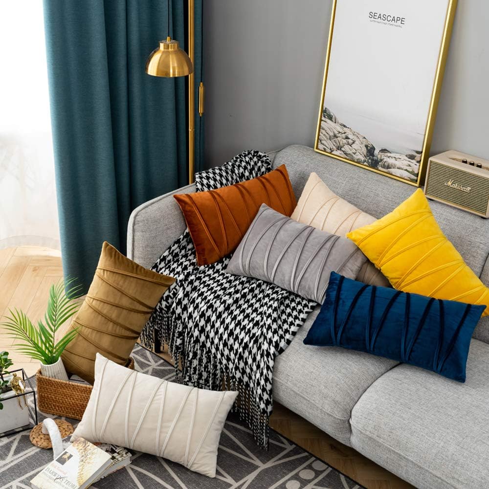 Yellow Lumbar Throw Pillow Covers Hand-Made Soft Velvet Striped Cushion Covers 12 x 20 for Couch Sofa Bedroom Car 2 Pieces Decorative Zigzag Stripe Cushion Cases