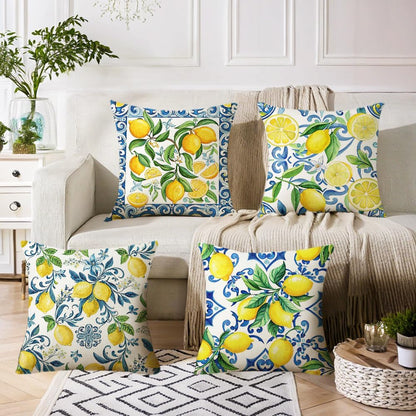 Pack of 4, Decorative Lemon Print Throw Pillow Cover, 18x18 inch, 100% Polyester, Hidden Zipper, Mediterranean Blue Border