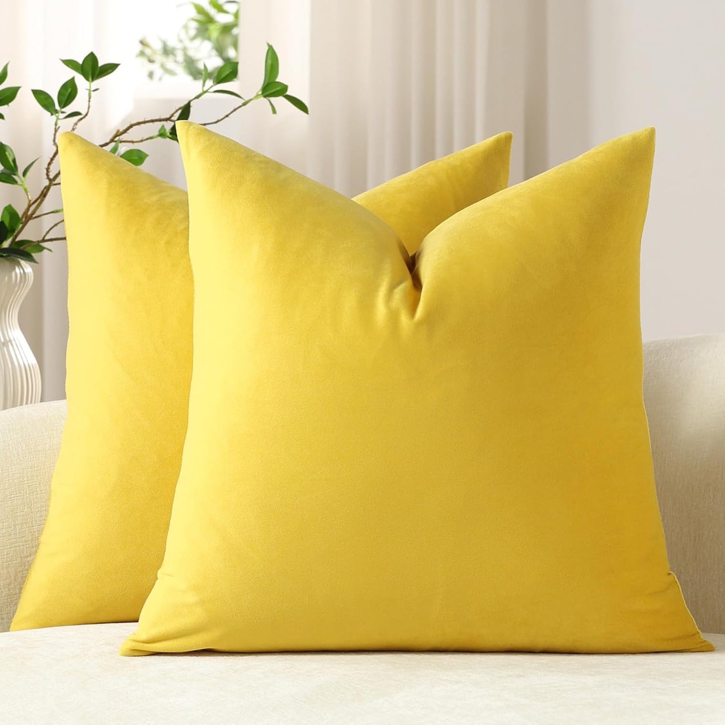 DEZENE Throw Pillow Covers 16x16 Yellow: Pack of 2 Cozy Soft Velvet Square Modern Luxury Decorative Throw Pillow Cases for Sofa Couch Living Room Bed Home Decor