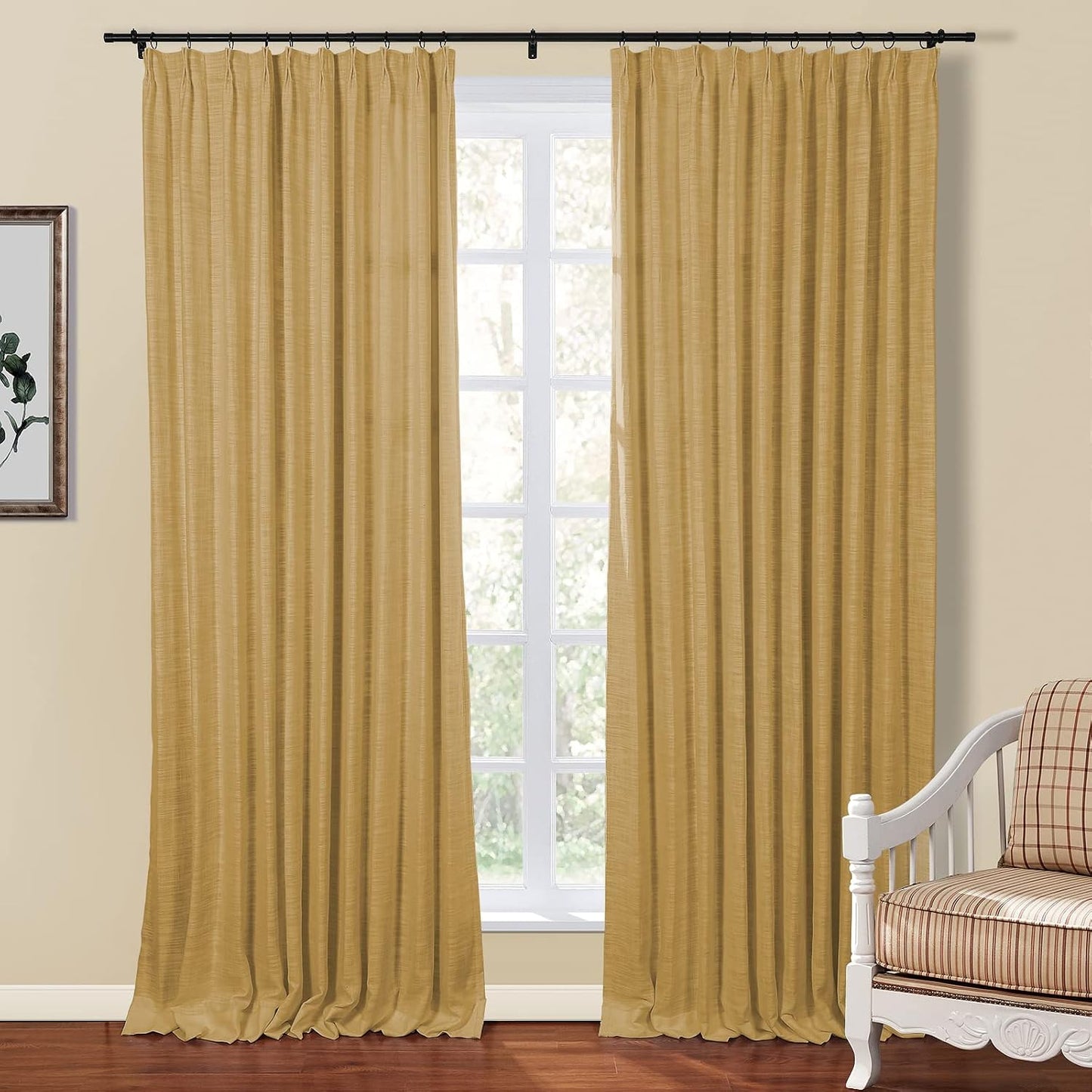 TWOPAGES Linen Textured Pinch Pleat Curtain for Living Room, Room Darkening Window Curtain Panel for Bedroom, Privacy Drape with Double Layer (100 x 102 Inches, 1 Panel, Mustard Yellow)