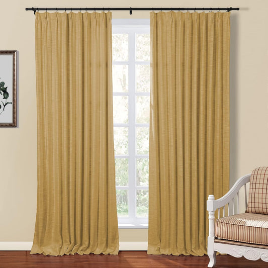 TWOPAGES Linen Textured Pinch Pleat Curtain for Living Room, Room Darkening Window Curtain Panel for Bedroom, Privacy Drape with Double Layer (100 x 102 Inches, 1 Panel, Mustard Yellow)