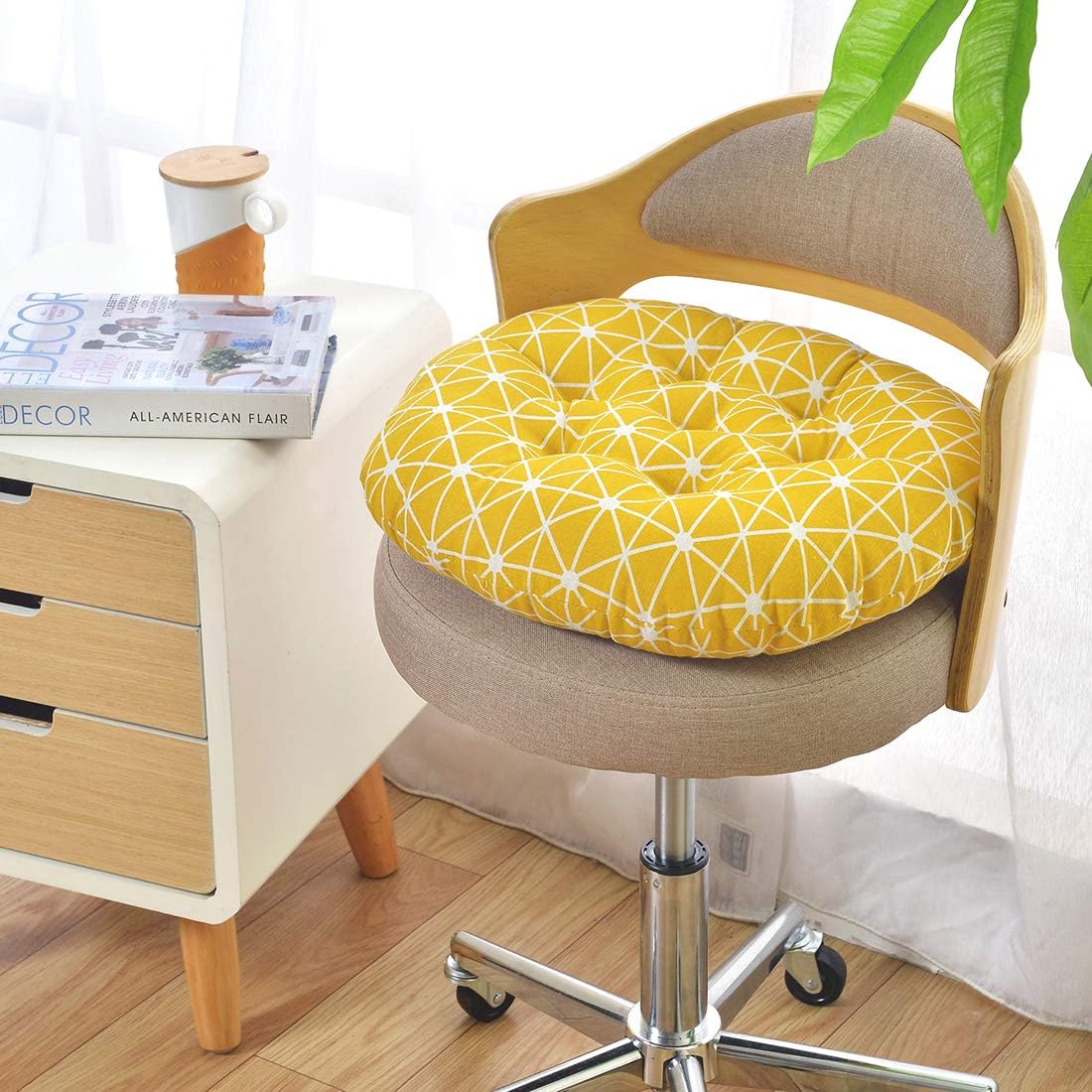 vctops Bohemian Soft Round Chair Pad Garden Patio Home Kitchen Office Seat Cushion Grid Yellow Diameter 16"