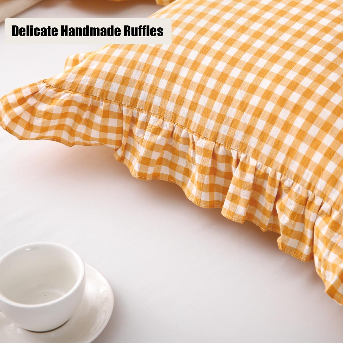 Mywinlle Yellow/White Plaid Ruffle Pillow Shams Throw Pillow Covers 20"x20", Checkered Washed Cotton Mustard Gingham Decorative Pillow Covers Shabby Pillowcases