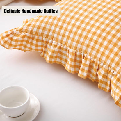 Mywinlle Yellow/White Plaid Ruffle Pillow Shams Throw Pillow Covers 20"x20", Checkered Washed Cotton Mustard Gingham Decorative Pillow Covers Shabby Pillowcases