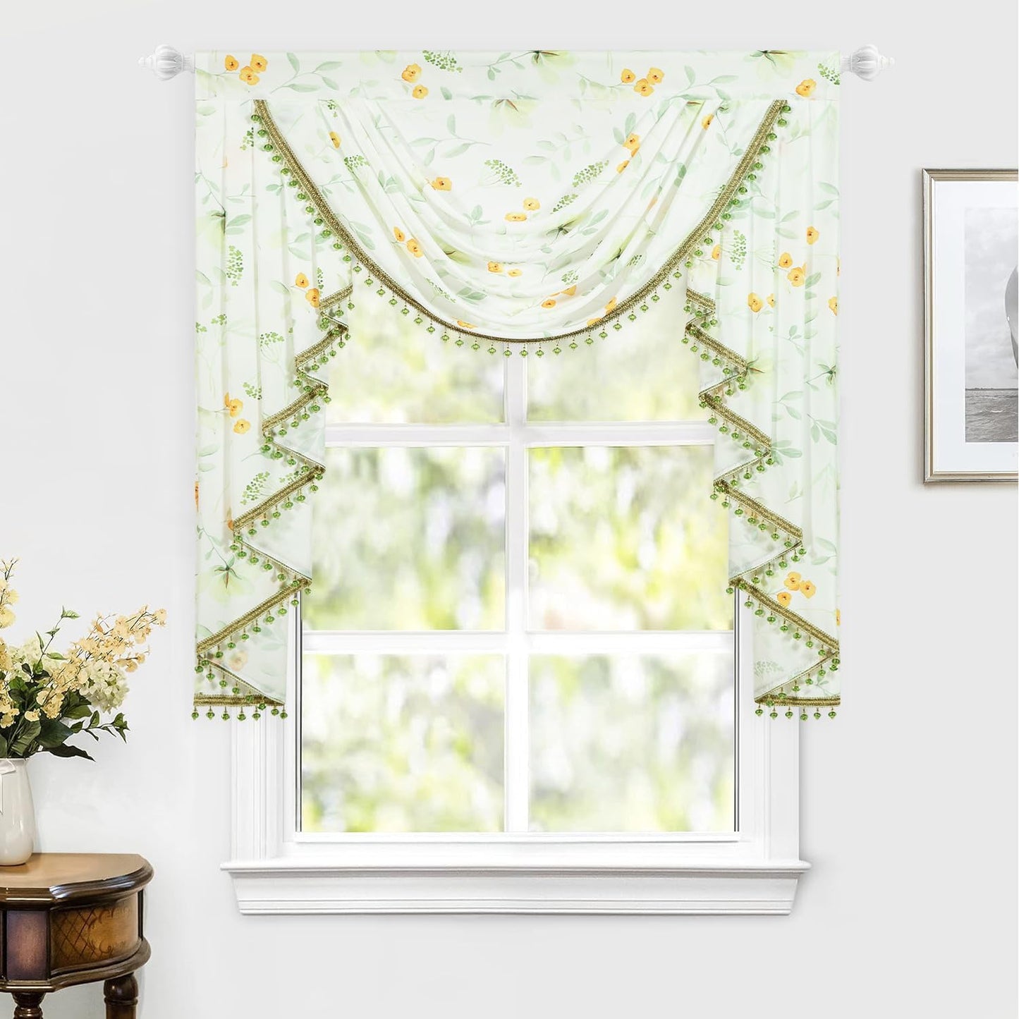 Leeva Waterfall Valance Sheers for Windows - Elegant Yellow Flower & Green Plant Print Valances, Soft Touch Swag Design, 39 Inches Wide, Perfect for Living Room & Bedroom