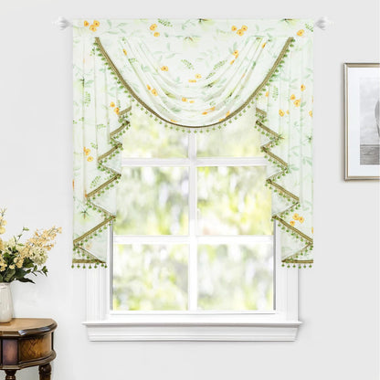 Leeva Waterfall Valance Sheers for Windows - Elegant Yellow Flower & Green Plant Print Valances, Soft Touch Swag Design, 39 Inches Wide, Perfect for Living Room & Bedroom