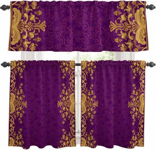 Vintage Purple Kitchen Curtains Set for Windows, Yellow Flower Lace Baroque Ethnic Style Curtains Valance and Tier 3 Piece Set Small Drapes 36 Inch Length for Kitchen Bedroom Decor