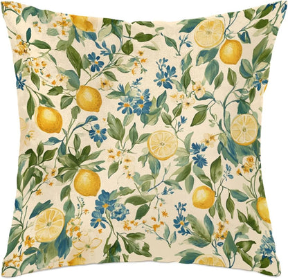 Throw Pillow Covers Summer Flowers Lemons Pillow Cases Square Cushion Cover for Sofa Couch Bedroom Living Room 16x16 Inch