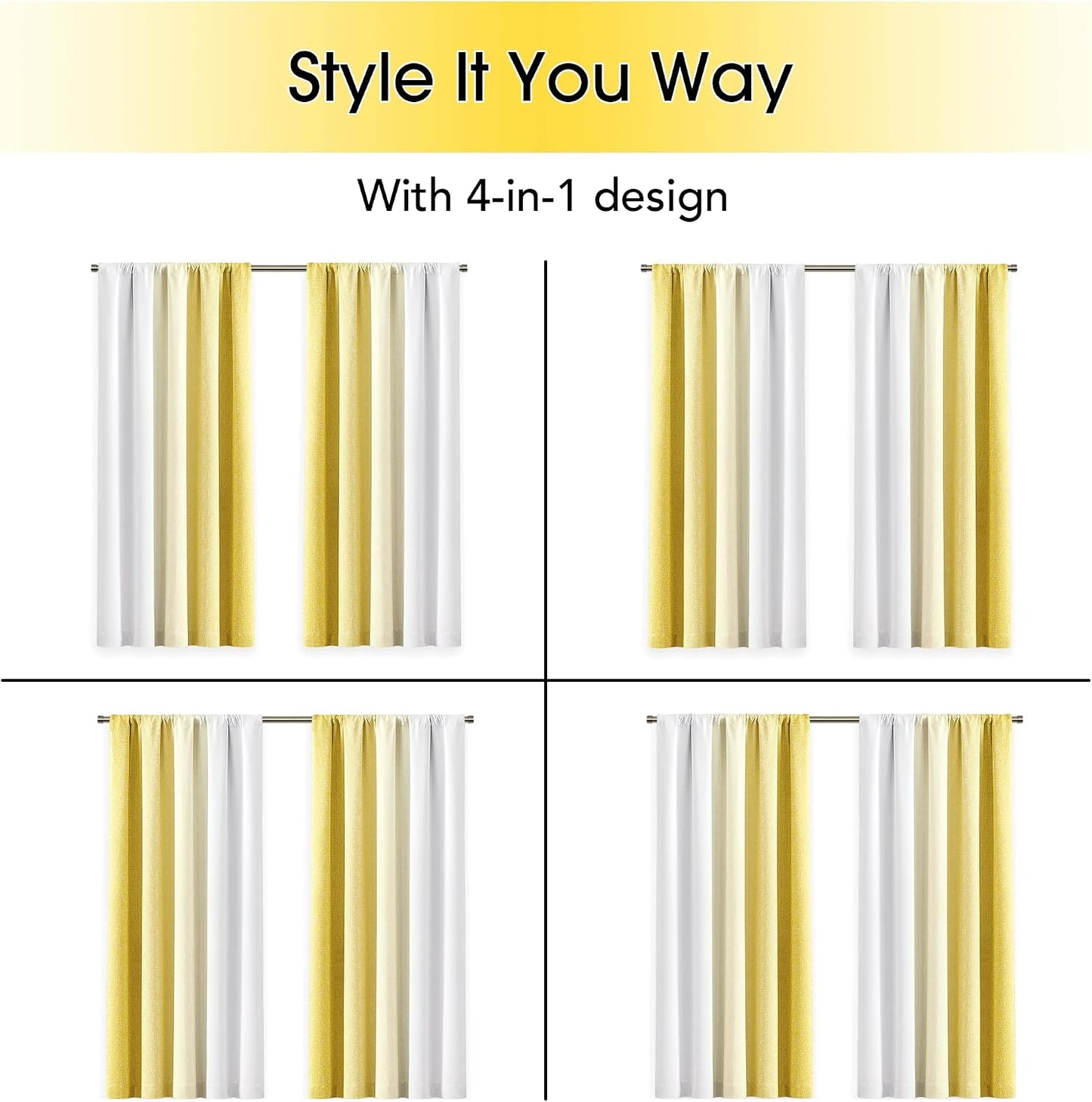 Ombre 100% Blackout Curtains 54 Inch Length 2 Panels for Bedroom Living Room Gold Yellow White Gradient Patterned Room Darkening Privacy Rod Pocket Window Treatment Drapes