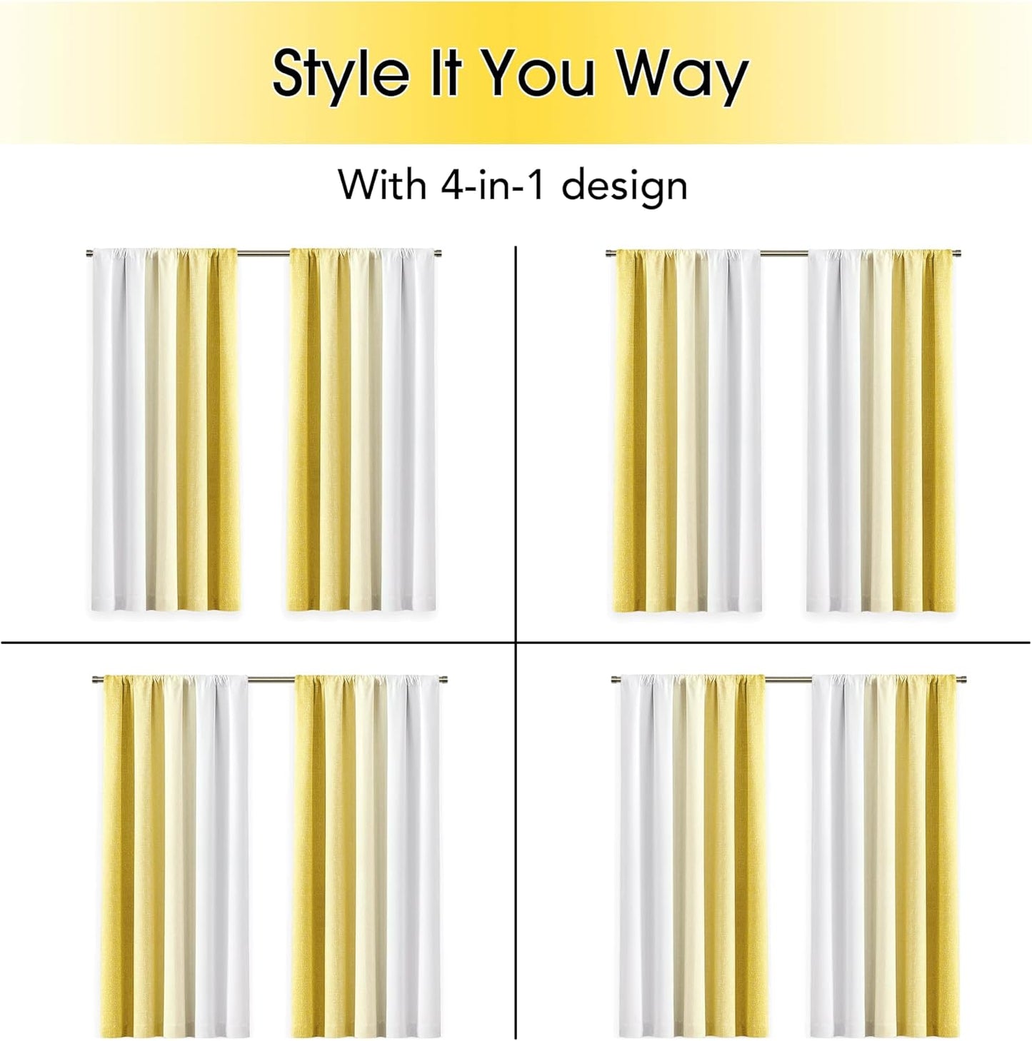 Ombre 100% Blackout Curtains 84 Inches Long 2 Panels for Bedroom Living Room Gold Yellow White Gradient Patterned Room Darkening Thermal Insulated Rod Pocket Window Treatment Drapes