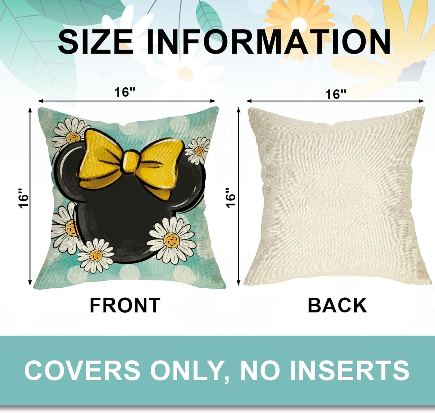 Spring Summer Decorative Throw Pillow Covers 16 x 16 Set of 4, Daisy Flower Eucalyptus Leaves Bloom Gather Cushion Case Decor, Teal Yellow Stripes Polka Dot Home Decoration
