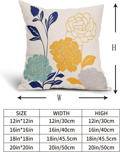 Flowers Outdoor Pillow Covers 18x18 Set of 2, Teal Grey Mustard Yellow Floral Decorative Throw Pillows Cover,Spring Summer Navy blue Leaf Linen Square Pillowcase Decor Gifts for Home Patio Couch Sofa