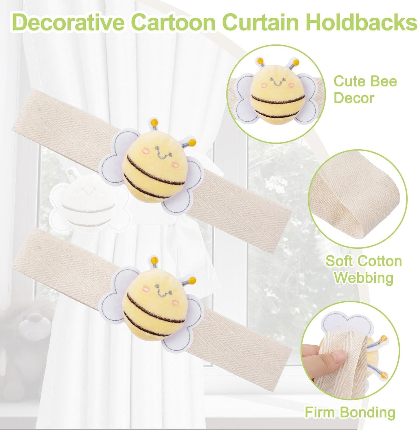 Cute Cartoon Animal Curtain Tiebacks, 4Pcs Drape Rope Holdbacks with Embroidered Bee Decor Cotton Curtain Ties for Baby Kid Room (Little Bee)