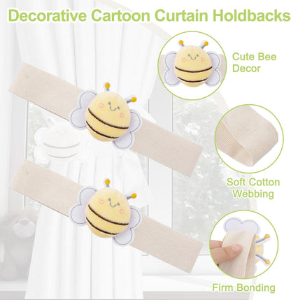 Cute Cartoon Animal Curtain Tiebacks, 4Pcs Drape Rope Holdbacks with Embroidered Bee Decor Cotton Curtain Ties for Baby Kid Room (Little Bee)