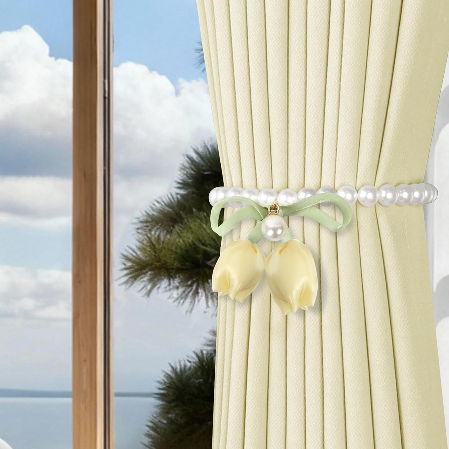 Meplait 2 Pack Magnetic Curtain Tiebacks, Curtain Holdbacks with Tulip Flower & Pearl Adjustable No Drill Curtain Tie Backs for Living Room Bedroom Baby Nursery Home Decor (Yellow)