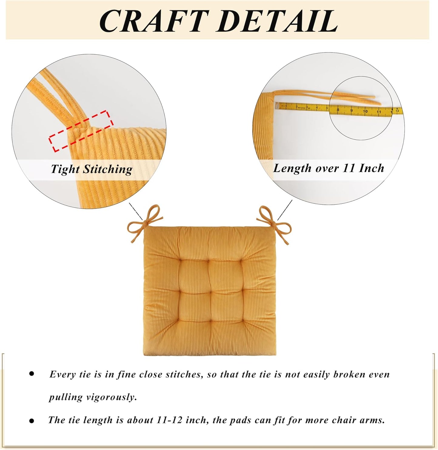 Set of 4 Chair Cushions for Dining Chairs 18" x 18" Corduroy Chair Seat Cushion for Office and Kitchen Chair Comfort Chair Cushion for Long Sitting (Yellow)