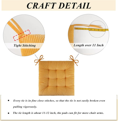 Set of 4 Chair Cushions for Dining Chairs 18" x 18" Corduroy Chair Seat Cushion for Office and Kitchen Chair Comfort Chair Cushion for Long Sitting (Yellow)