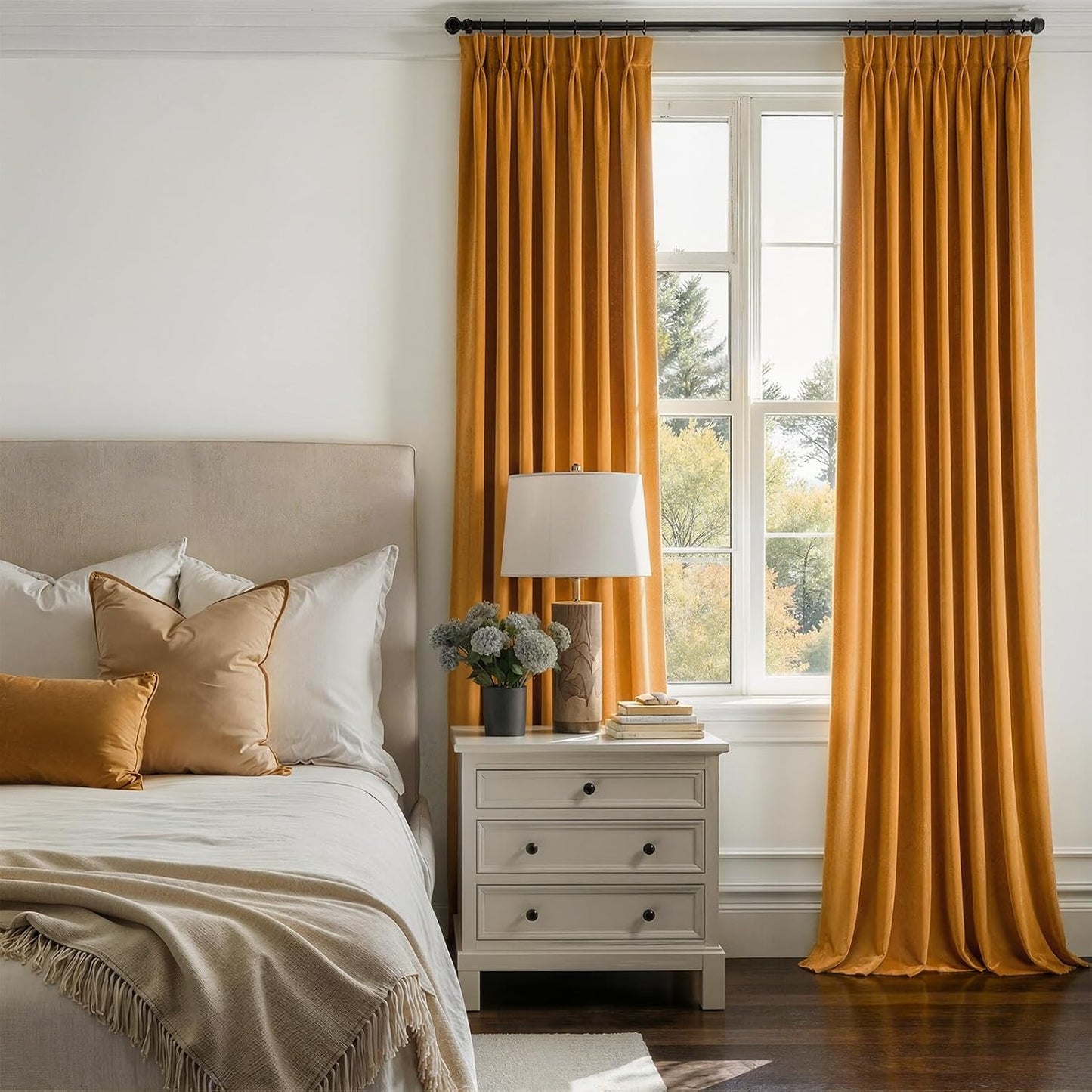 108 Inch Long Mustard Yellow Velvet Curtains 2 Panels Luxury Decorative Pinch Pleated Drapes for Dining Room Bedroom Large Window Extra Long Blackout Thermal Back Tab Window Panels with Hooks,9 FT