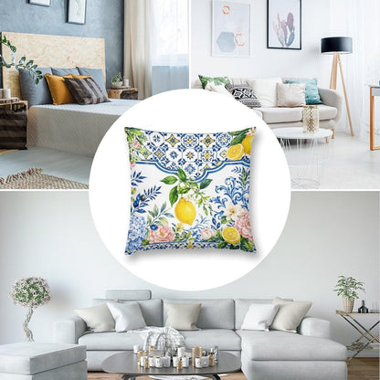 Throw Pillow Covers 18 "x18 Set of 2 - Summer Lemons Blue TilesDecorative Linen Pillow Covers Cushion Cases for Farmhouse Sofa Couch Outdoor Home Decorations