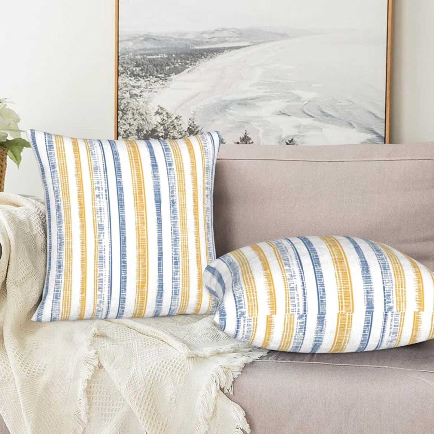 KiuLoam Boho Blue Yellow Striped Throw Pillow Covers 18 x 18 Set of 2, Summer Stripe Decorative Pillow Cases Square Cushion Covers for Bedroom Couch Bed Living Room Decor