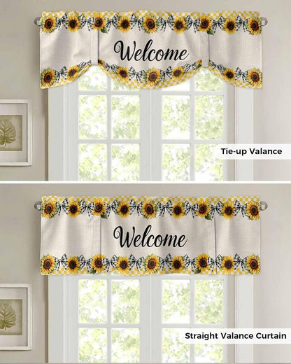 Sunflower Tie Up Valances for Windows, Welcome Bow Yellow Buffalo Plaid Rustic Linen Rod Pocket Tie-up Valance Curtains, Adjustable Short Window Treatment for Kitchen Living Room Bathroom 54”x18”
