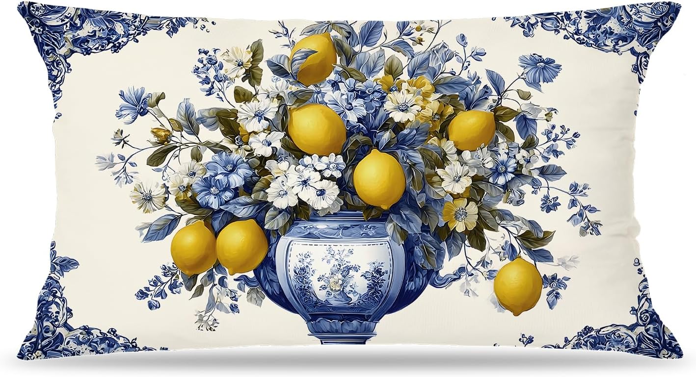Mediterranean Lemon Lumbar Pillow Cover 12x20, Italian Home Decor, Yellow and Blue Amalfi Coast Floral Lemon Decorative Throw Pillow Cover Case for Couch Bed Home Room Bedroom