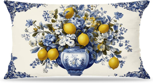 Mediterranean Lemon Lumbar Pillow Cover 12x20, Italian Home Decor, Yellow and Blue Amalfi Coast Floral Lemon Decorative Throw Pillow Cover Case for Couch Bed Home Room Bedroom