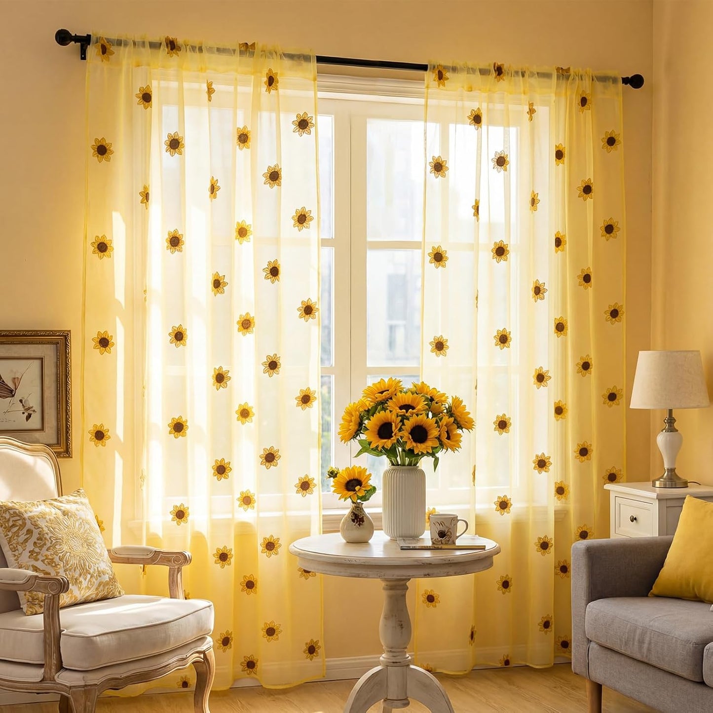 Tegeme 2 Panels Yellow Sunflower Sheer Curtains for Girl Boy Bedroom 84 Inches Long Embroidered Voile Curtains Decorative Coquettish Sheer Shades Linen Semi Window Decor for Summer Home Party Office