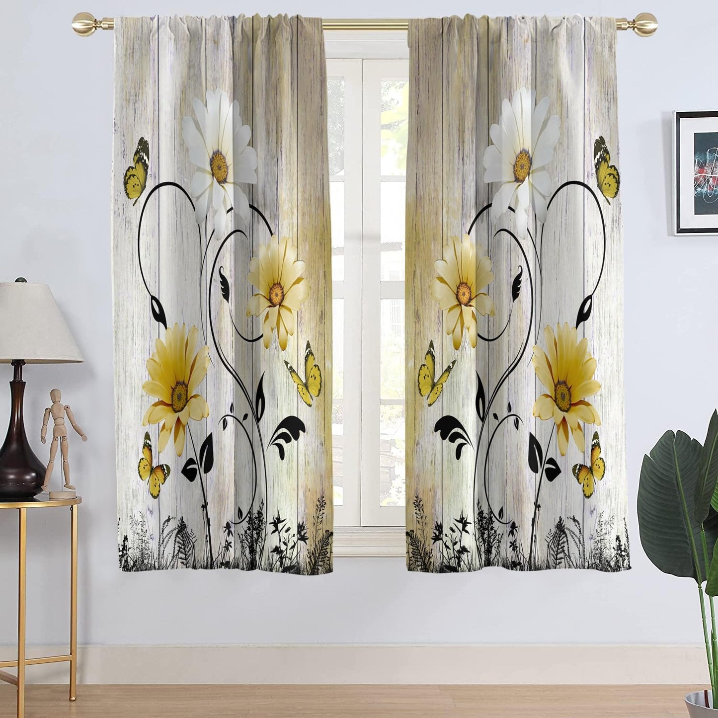 AAtter Yellow Floral Window Curtains for Bedroom, 42" W x 63" L Rod Pocket Polyester Fabric Drapes with Sunflower and White Daisy Butterfly Pattern Farmhouse Decor