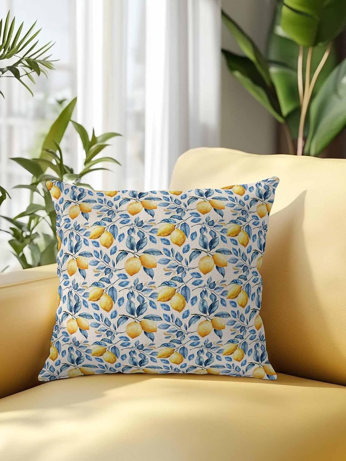 1 Pack Outdoor Throw Pillow, Lemon Waterproof Pillow with Insert Included, Spring Summer Pastoral Fruit Leaf Branch Decorative Accent Cushion Sofa Pillows for Patio Porch, 18 x 18 in
