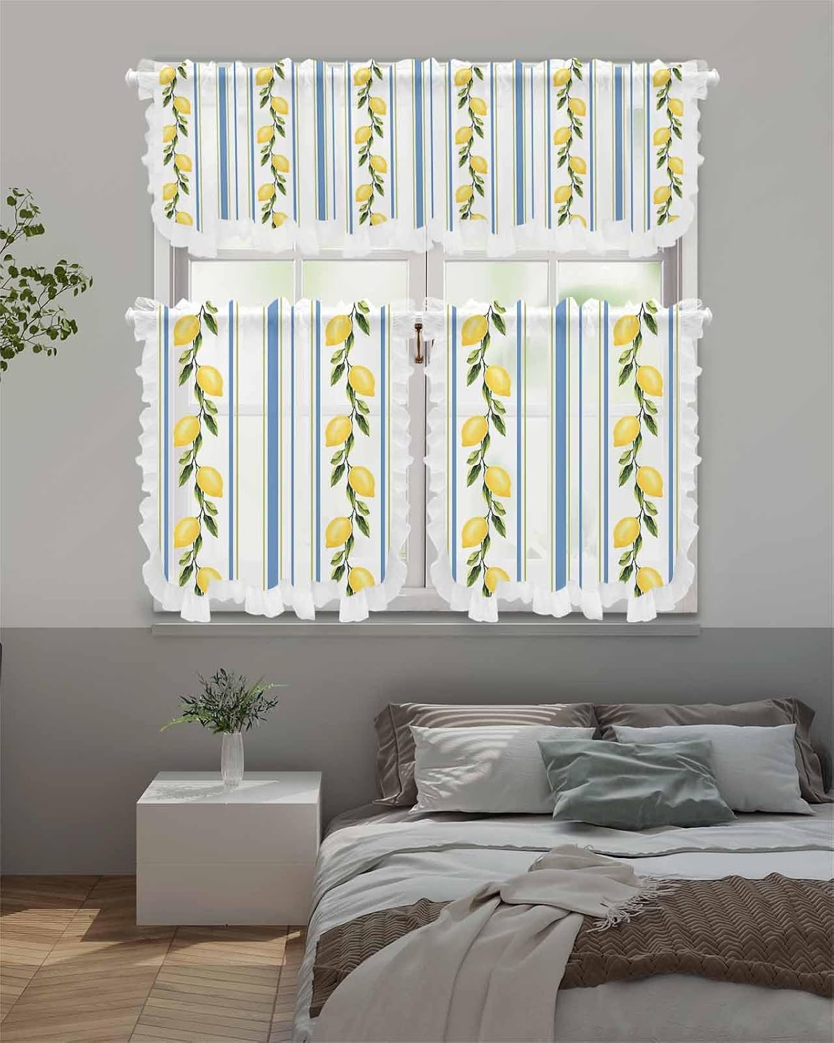 Lemon Sheer Kitchen Curtains and Valance Set Blue Striped Summer Fruit Ruffle Tier Curtain Light Filtering Small Window Drapes for Cafe Living Room, 3 Pieces, 54" x 36"