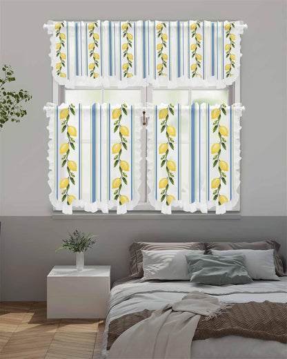 Lemon Sheer Kitchen Curtains and Valance Set Blue Striped Summer Fruit Ruffle Tier Curtain Light Filtering Small Window Drapes for Cafe Living Room, 3 Pieces, 54" x 36"