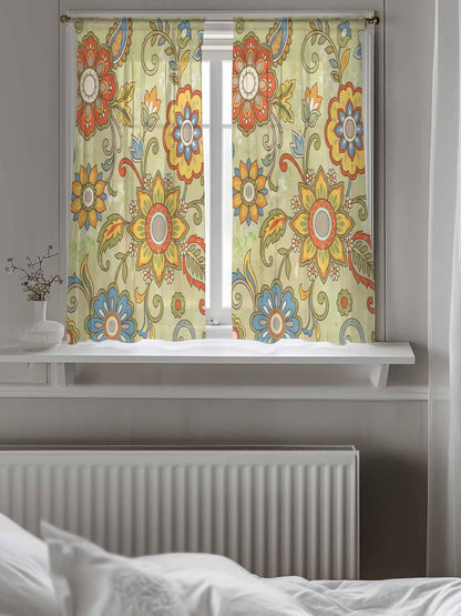Yellow Green Boho Floral Sheer Tier Curtains 45 Inch Length, Retro Rustic Abstract Flowers Cafe Curtains Light Filtering, Sheer Voile Small Window Curtains 2 Panels, 27.5" x 45"