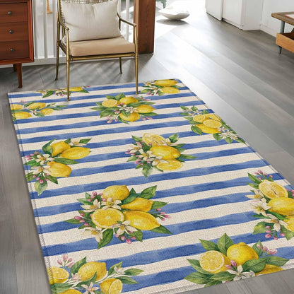 Summer Lemon Area Rug 3x5, Summer Lemon Floral Blue Stripes Linen Texture Non Slip Area Rugs for Living Room, Soft Floor Mat Washable Low Pile Carpet for Bedroom, Dining Room, Entryway