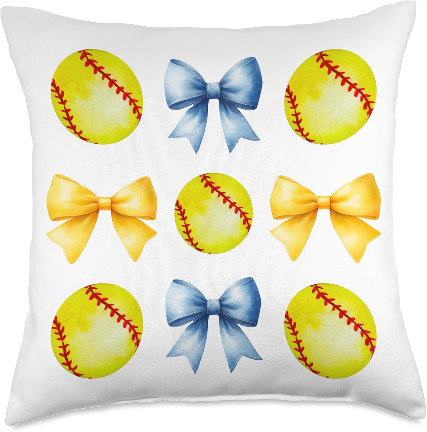 Softballs & Bows for Women Girls Softball Player Blue Yellow Throw Pillow