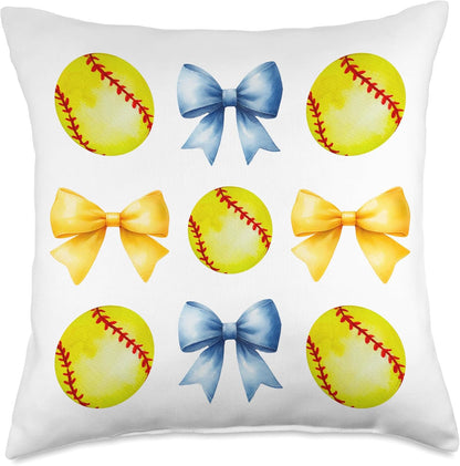 Softballs & Bows for Women Girls Softball Player Blue Yellow Throw Pillow