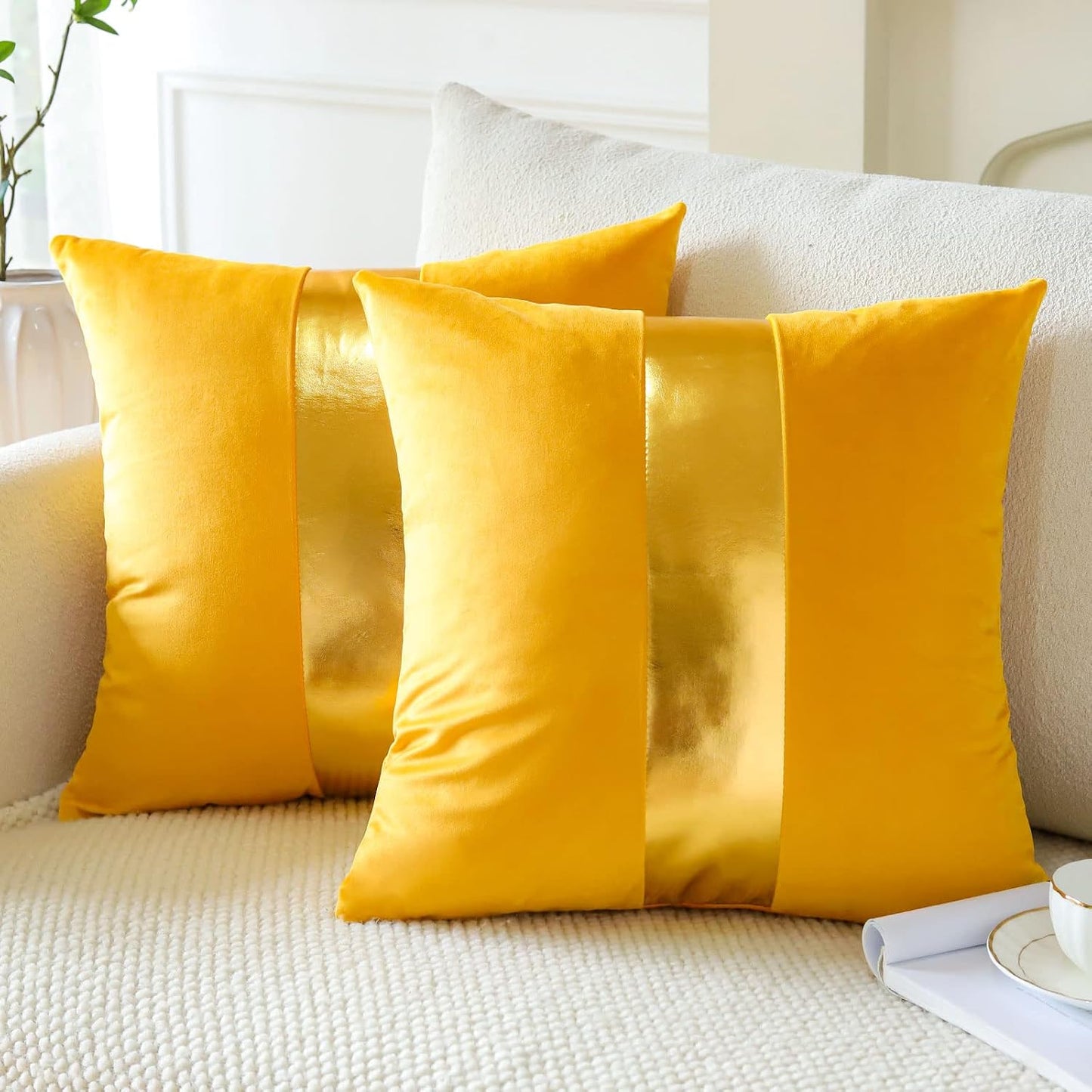 Artscope Yellow Velvet Throw Pillow Covers with Gold Leather Stitching Luxury Modern Minimalist Square Pillowcase Cushion Covers for Bed Couch Sofa 18x18Inch Set of 2