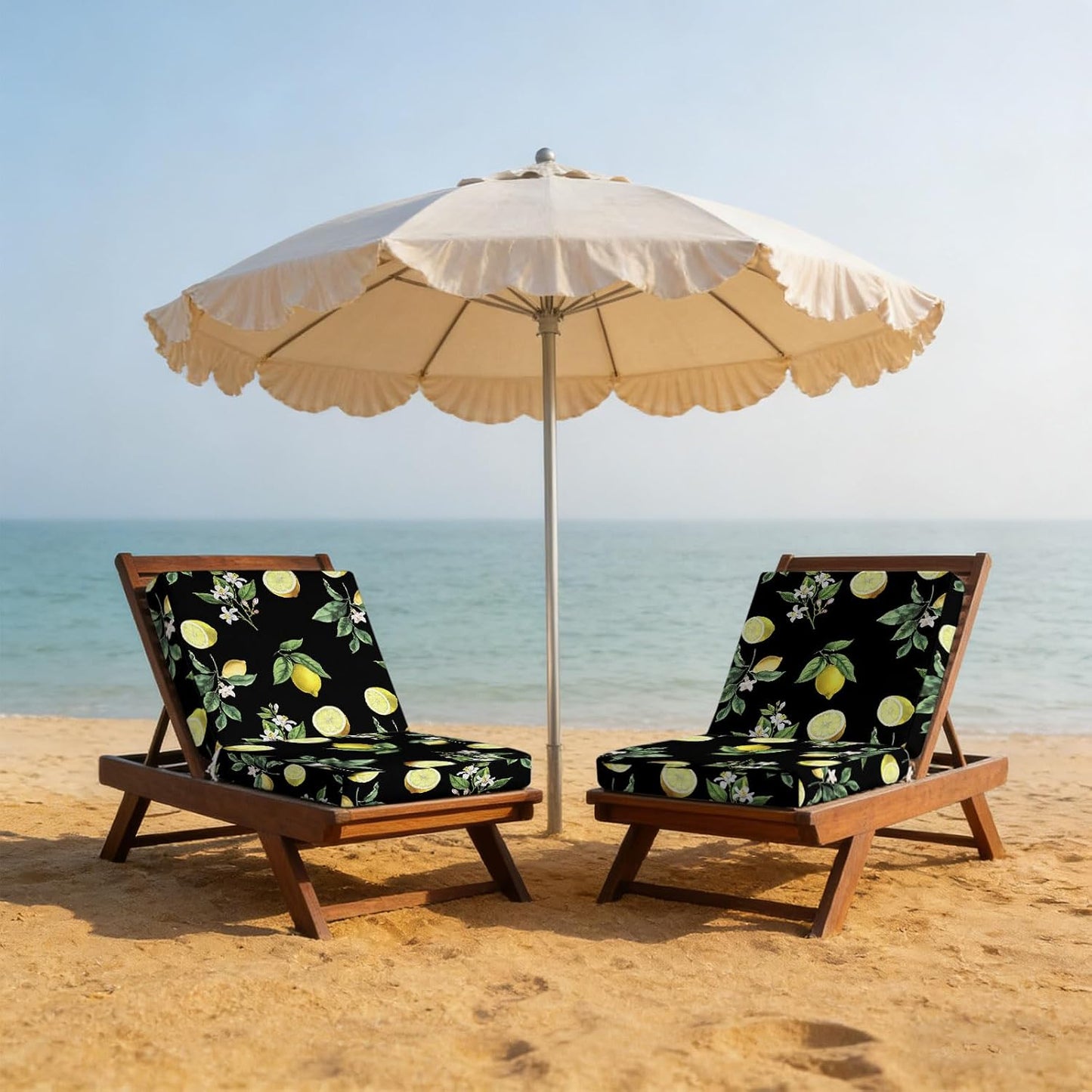 Yellow Lemon Summer Indoor/Outdoor Seat Cushions Cover, Farmhouse Tropical Fruit Black Waterproof Patio Chaise Lounge Cushion Cover for Beach Pool Side Chair Cushions 20''x18''x2pcs