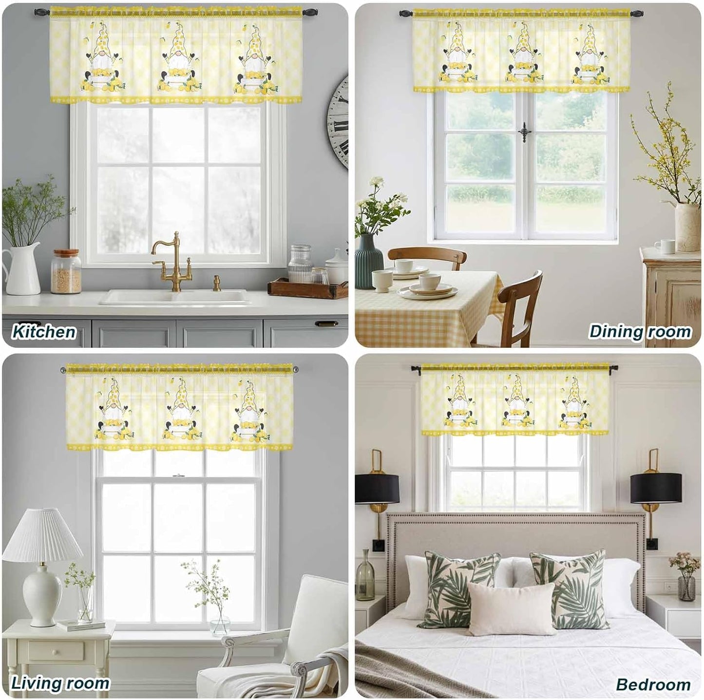 Lemon Gnomes Sheer Curtains Valances for Windows Summer Botanical Fruit Leaf Yellow Lattices Chiffon Kitchen Valances for Cafe, Voile Window Treatments Curtains for Living Room Bedroom, 54"x18"