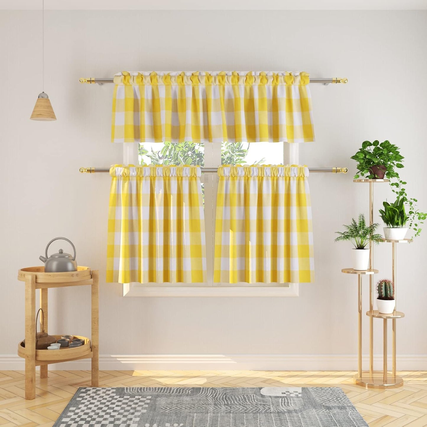 3 Pc Cotton Classic Country Farmhouse Kitchen Window Curtain -Yellow & White Buffalo Check Tier & Valance Set, 54" x 18" / 27" x 36"
