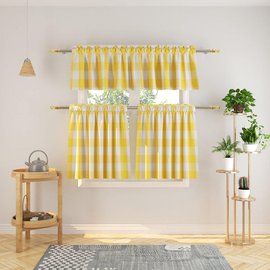 3 Pc Cotton Classic Country Farmhouse Kitchen Window Curtain -Yellow & White Buffalo Check Tier & Valance Set, 54" x 18" / 27" x 36"