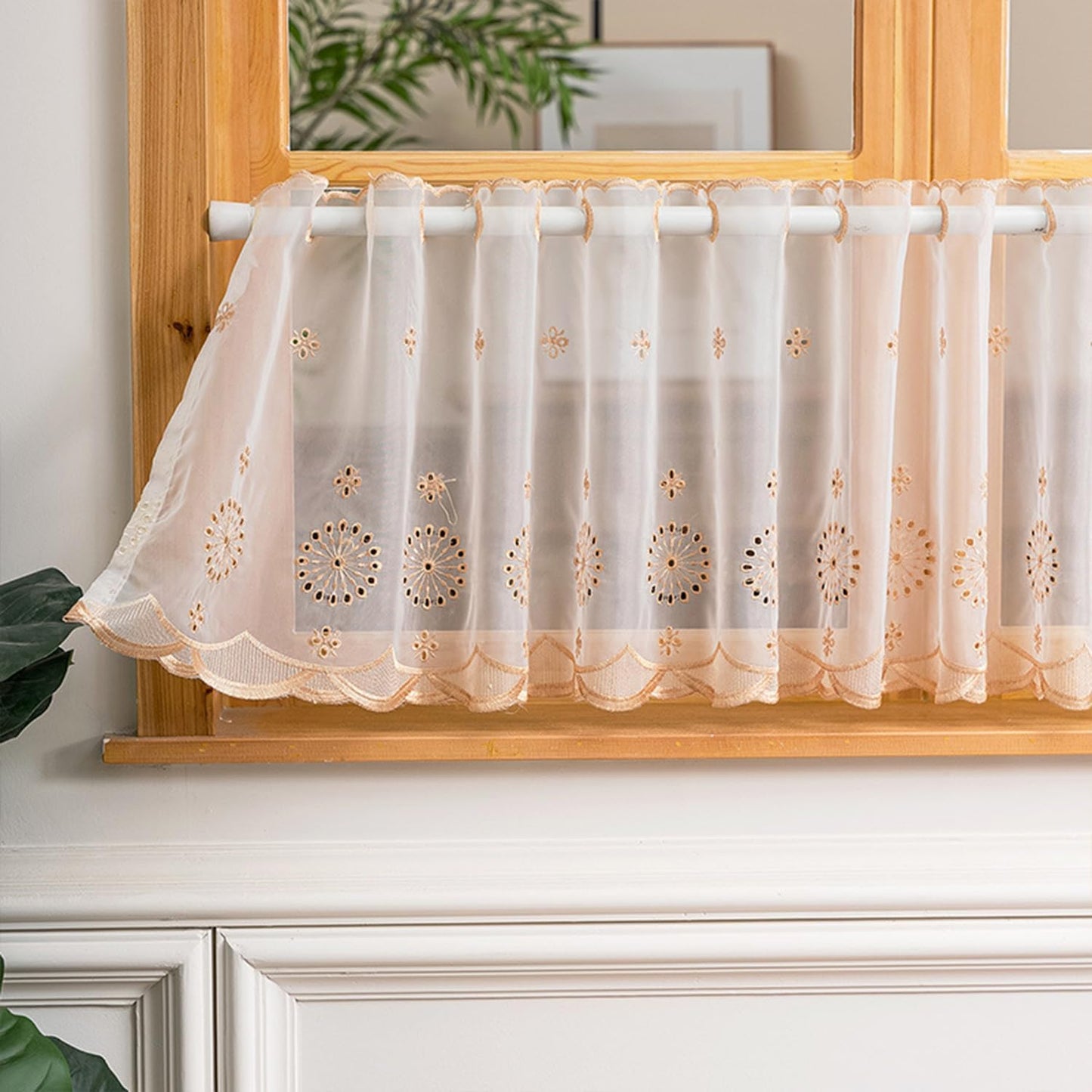 Lace Short Sheer Tier Window Curtains Lace Voile Valance Curtain Embroidered Floral Curtain Small Half Kitchen Curtains for Bathroom Living Room Cafe Yellow 39" W x 20" H