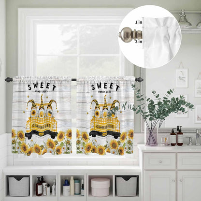 Gnomes Sunflowers Kitchen Curtains Set, Tier Curtain 36 Inches Length, Country Yellow Floral Bees Farmhouse Wooden Window Treatment Valance and Tiers Set Decor for Living Room/Bedroom