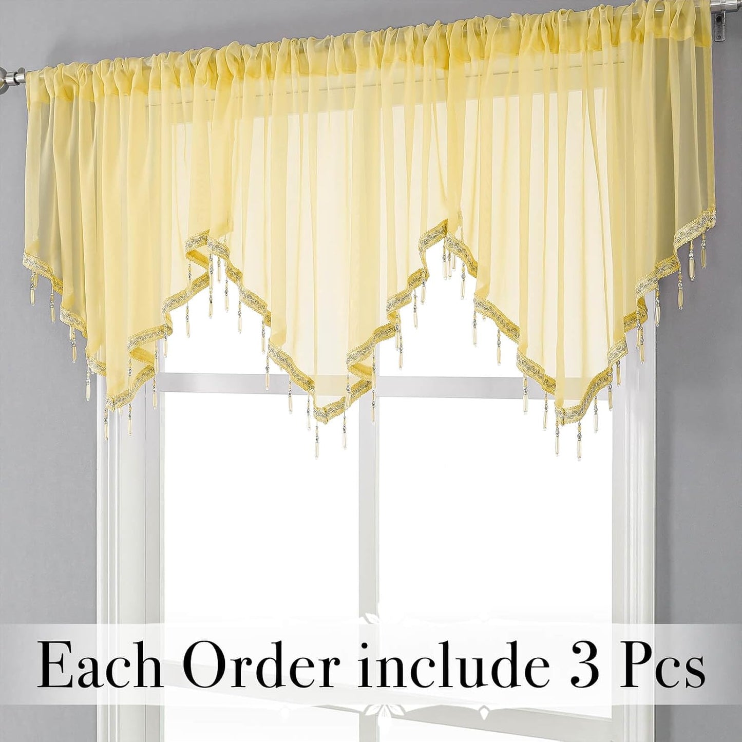 WUBODTI Yellow Sheer Valance Curtains for Living Room Windows, Boho Crystal Beaded Tassel Triangle Kitchen Curtains Lace Swag Curtain Valance for Bedroom Bathroom Door Decor,3PCs, Each W51 x L24