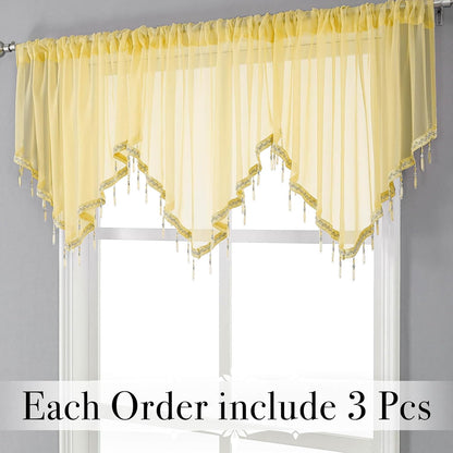 WUBODTI Yellow Sheer Valance Curtains for Living Room Windows, Boho Crystal Beaded Tassel Triangle Kitchen Curtains Lace Swag Curtain Valance for Bedroom Bathroom Door Decor,3PCs, Each W51 x L24