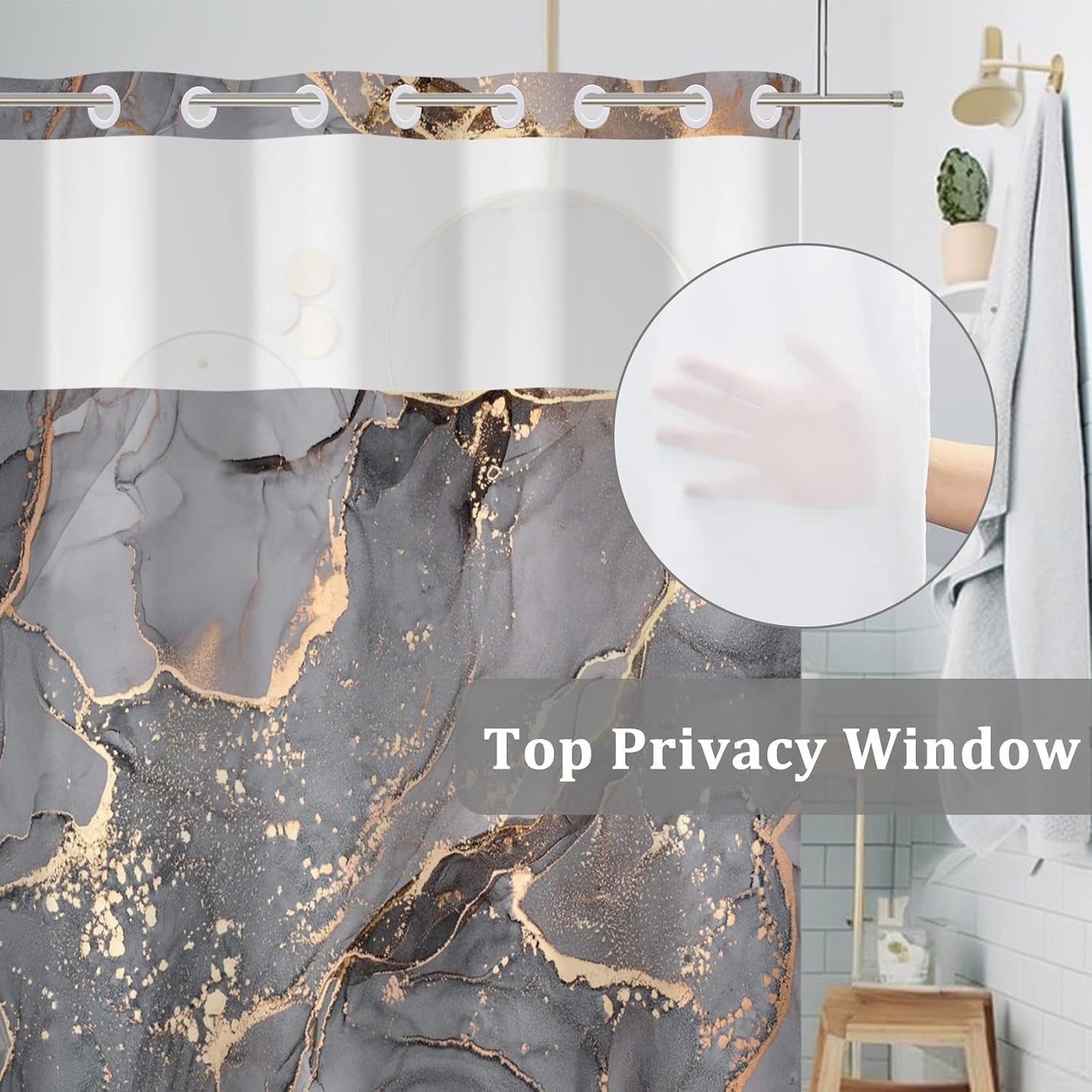 Gray Yellow Marble No Hook Shower Curtain with Snap in Liner Stylish Texture Shower Curtains for Luxury Hotel Grade Spa Bathroom Decor Double Layer Bathtubs Hotel Curtain Set 71x74 Inch