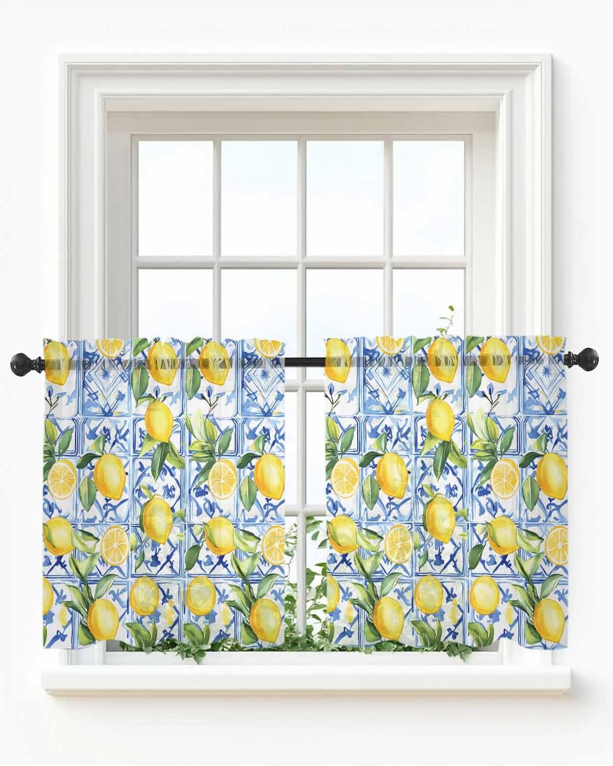 Yellow Lemon Sheer Tier Curtains 24 Inch Length, Botanical Spring Leaves Abstract Blue Tile Cafe Curtains Light Filtering, Sheer Voile Small Window Curtain 2 Panels, 27.5" x 24"