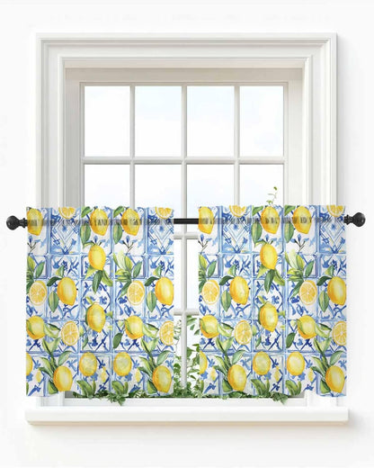 Yellow Lemon Sheer Tier Curtains 24 Inch Length, Botanical Spring Leaves Abstract Blue Tile Cafe Curtains Light Filtering, Sheer Voile Small Window Curtain 2 Panels, 27.5" x 24"